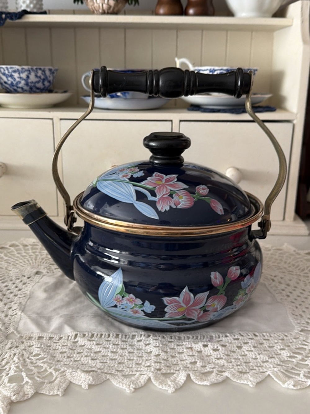 Navy Floral Enamel Teapot with Black Handle and Gold Trim